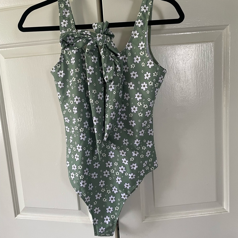 Green floral one piece swim